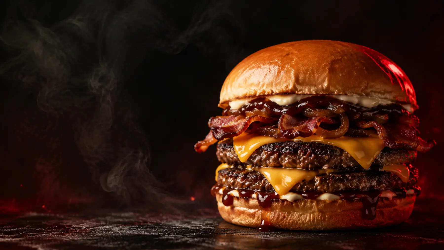 BBQ burger with beef patties, bacon, cheese and smoky sauce